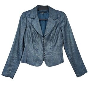 Carmen Marc Valvo Collection Metallic Blue Silk Blend Blazer Jacket Womens 4